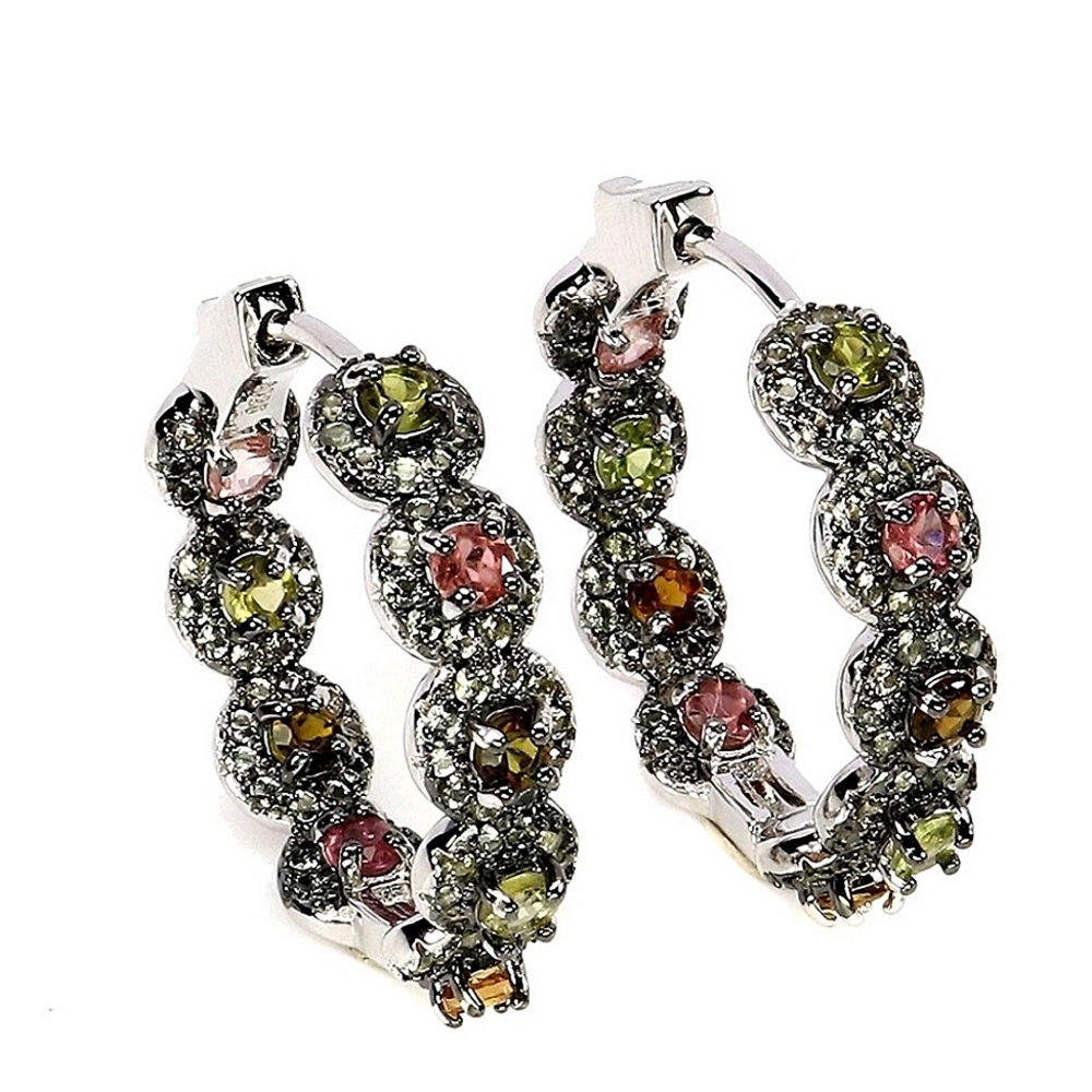 925 Sterling Silver Hoop Earrings with Natural Tourmaline 3mm & Sapphire Gems